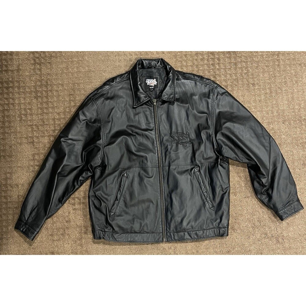 Vintage Super Bowl XXXVI 36 Mens XL Black Arrow Leather Jacket Patriots Rams